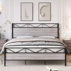 Coolmee King Size Bed Frame with Headboard, Industrial Platform King Bed Frame with 14 Strong Metal Slats Support, Under-Bed Storage, No Noise