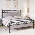Cadre de lit Coolmee King Size avec tête de lit, cadre de lit plateforme industriel King Size avec 14 lattes métalliques solides, rangement sous le lit, silencieux