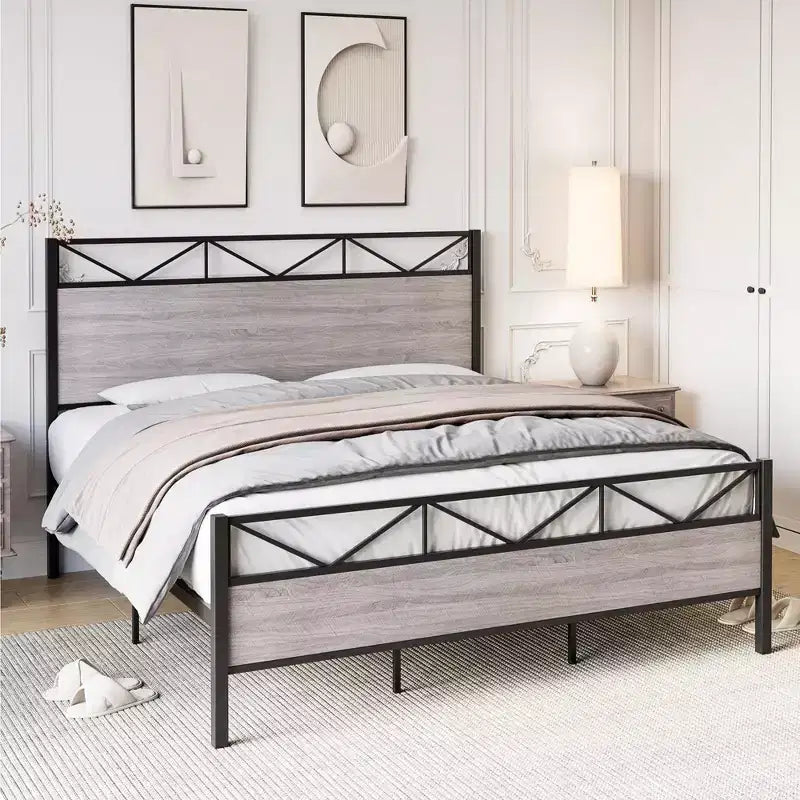 Cadre de lit Coolmee King Size avec tête de lit, cadre de lit plateforme industriel King Size avec 14 lattes métalliques solides, rangement sous le lit, silencieux