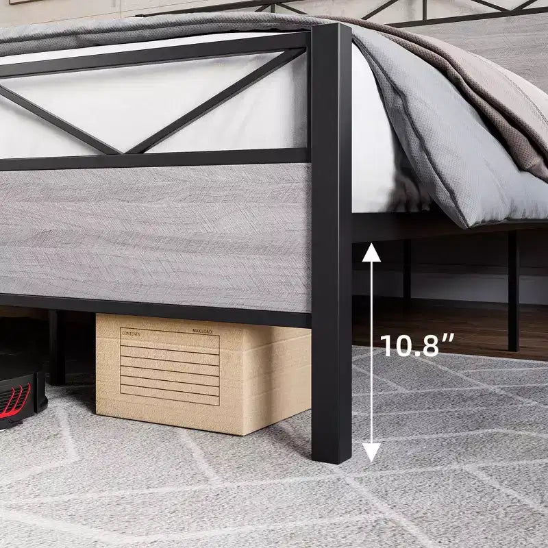 Cadre de lit Coolmee King Size avec tête de lit, cadre de lit plateforme industriel King Size avec 14 lattes métalliques solides, rangement sous le lit, silencieux