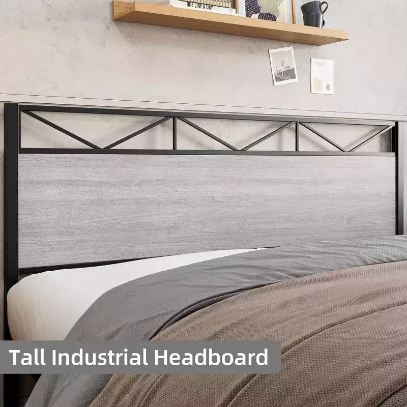 Cadre de lit Coolmee King Size avec tête de lit, cadre de lit plateforme industriel King Size avec 14 lattes métalliques solides, rangement sous le lit, silencieux