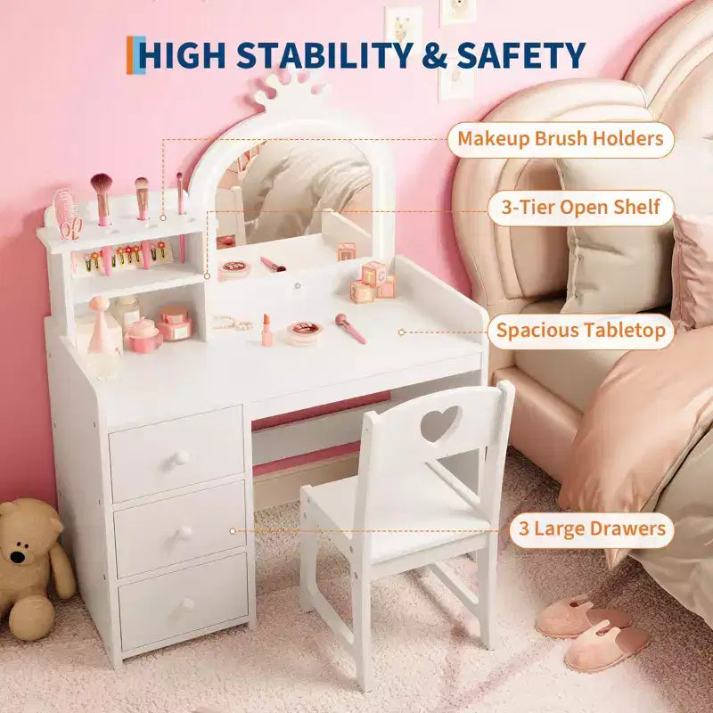 Coiffeuse Enfant avec Miroir et Lumières, Coiffeuse Princesse Rose en Bois avec Chaise, Étagères de Rangement et Tiroirs, Coiffeuse Fille 2-en-1