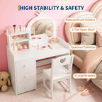 Coiffeuse Enfant avec Miroir et Lumières, Coiffeuse Princesse Rose en Bois avec Chaise, Étagères de Rangement et Tiroirs, Coiffeuse Fille 2-en-1