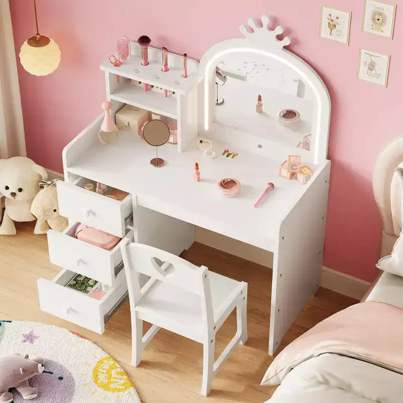 Coiffeuse Enfant avec Miroir et Lumières, Coiffeuse Princesse Rose en Bois avec Chaise, Étagères de Rangement et Tiroirs, Coiffeuse Fille 2-en-1