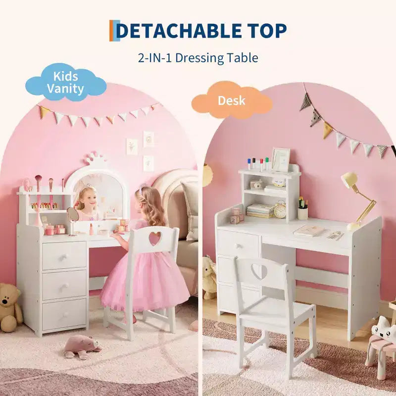 Coiffeuse Enfant avec Miroir et Lumières, Coiffeuse Princesse Rose en Bois avec Chaise, Étagères de Rangement et Tiroirs, Coiffeuse Fille 2-en-1