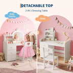 Coiffeuse Enfant avec Miroir et Lumières, Coiffeuse Princesse Rose en Bois avec Chaise, Étagères de Rangement et Tiroirs, Coiffeuse Fille 2-en-1