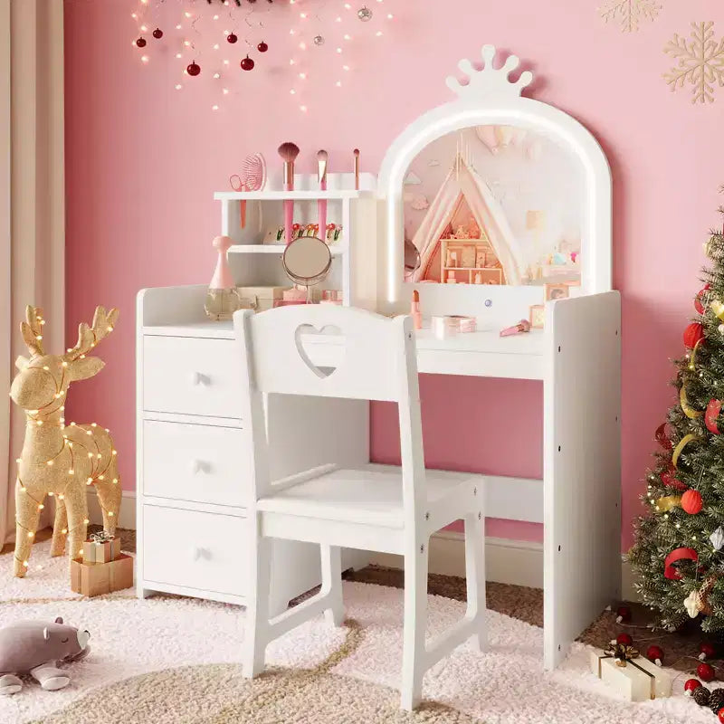 Coiffeuse Enfant avec Miroir et Lumières, Coiffeuse Princesse Rose en Bois avec Chaise, Étagères de Rangement et Tiroirs, Coiffeuse Fille 2-en-1