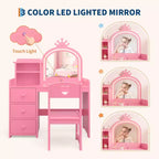 Coiffeuse Enfant avec Miroir et Lumières, Coiffeuse Princesse Rose en Bois avec Chaise, Étagères de Rangement et Tiroirs, Coiffeuse Fille 2-en-1