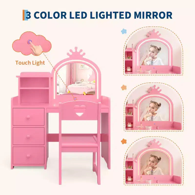 Coiffeuse Enfant avec Miroir et Lumières, Coiffeuse Princesse Rose en Bois avec Chaise, Étagères de Rangement et Tiroirs, Coiffeuse Fille 2-en-1