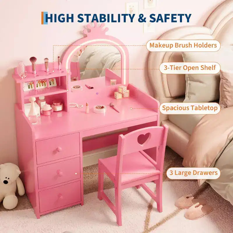 Coiffeuse Enfant avec Miroir et Lumières, Coiffeuse Princesse Rose en Bois avec Chaise, Étagères de Rangement et Tiroirs, Coiffeuse Fille 2-en-1