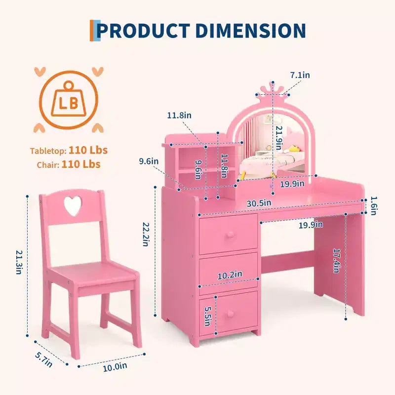 Coiffeuse Enfant avec Miroir et Lumières, Coiffeuse Princesse Rose en Bois avec Chaise, Étagères de Rangement et Tiroirs, Coiffeuse Fille 2-en-1