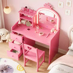 Coiffeuse Enfant avec Miroir et Lumières, Coiffeuse Princesse Rose en Bois avec Chaise, Étagères de Rangement et Tiroirs, Coiffeuse Fille 2-en-1