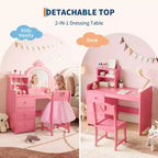 Coiffeuse Enfant avec Miroir et Lumières, Coiffeuse Princesse Rose en Bois avec Chaise, Étagères de Rangement et Tiroirs, Coiffeuse Fille 2-en-1