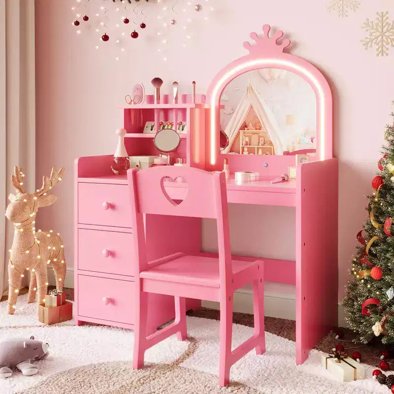 Coiffeuse Enfant avec Miroir et Lumières, Coiffeuse Princesse Rose en Bois avec Chaise, Étagères de Rangement et Tiroirs, Coiffeuse Fille 2-en-1