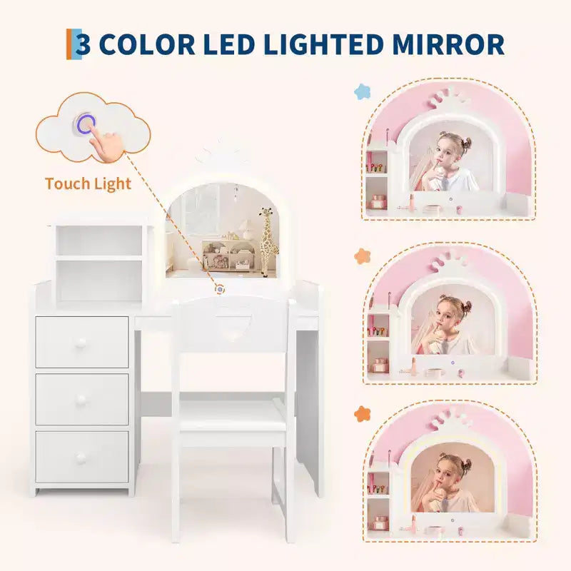 Coiffeuse Enfant avec Miroir et Lumières, Coiffeuse Princesse Rose en Bois avec Chaise, Étagères de Rangement et Tiroirs, Coiffeuse Fille 2-en-1