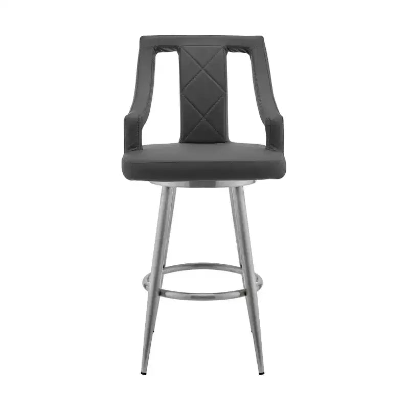 HomeRoots 29 Gray And Silver Faux Leather And Iron Swivel Bar Height Bar Chair