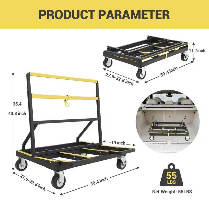 Chariot à plaques de plâtre pliant COZONY, capacité de 2200 lb, chariot de transport de panneaux extensible avec 4 roulettes pivotantes, pour plaques de plâtre, contreplaqué et bois d'œuvre