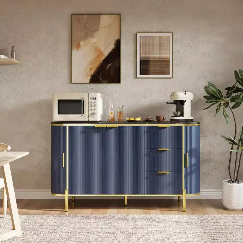Buffet avec Placard, Meuble Console en Bois Flûté Moderne de 150 cm avec 3 Tiroirs et Étagère Réglable