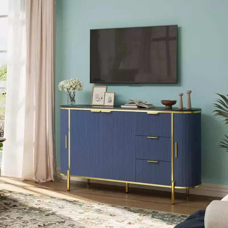 Buffet avec Placard, Meuble Console en Bois Flûté Moderne de 150 cm avec 3 Tiroirs et Étagère Réglable