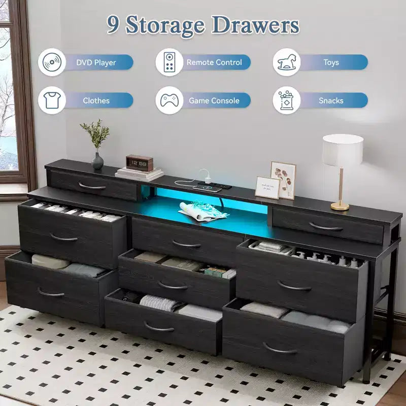 Grande commode en tissu de 160 cm de large, 9 tiroirs, lumières LED, prises électriques, étagères de rangement, chambre à coucher, plateau en bois noir