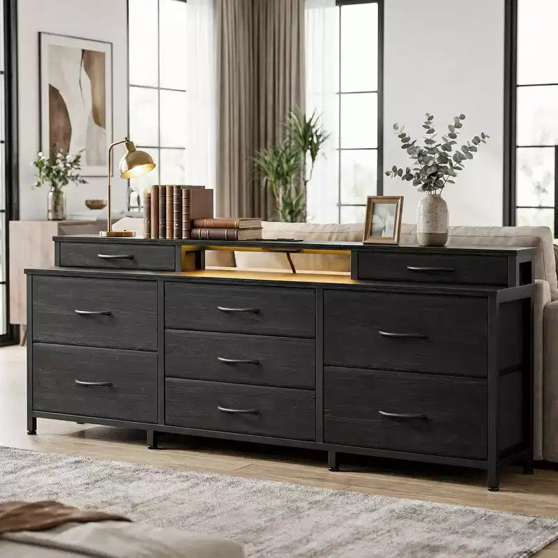 Grande commode en tissu de 160 cm de large, 9 tiroirs, lumières LED, prises électriques, étagères de rangement, chambre à coucher, plateau en bois noir