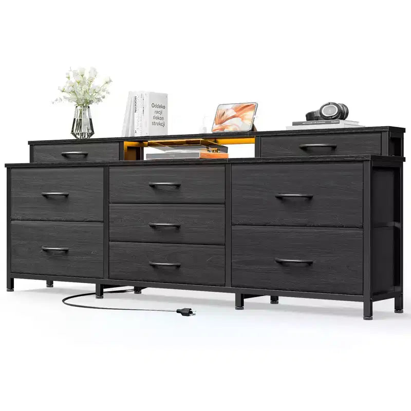 Grande commode en tissu de 160 cm de large, 9 tiroirs, lumières LED, prises électriques, étagères de rangement, chambre à coucher, plateau en bois noir