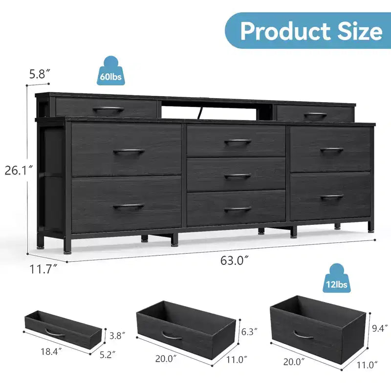 Grande commode en tissu de 160 cm de large, 9 tiroirs, lumières LED, prises électriques, étagères de rangement, chambre à coucher, plateau en bois noir