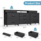 Grande commode en tissu de 160 cm de large, 9 tiroirs, lumières LED, prises électriques, étagères de rangement, chambre à coucher, plateau en bois noir