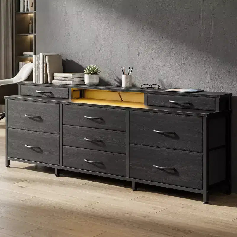 Grande commode en tissu de 160 cm de large, 9 tiroirs, lumières LED, prises électriques, étagères de rangement, chambre à coucher, plateau en bois noir