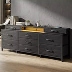 Grande commode en tissu de 160 cm de large, 9 tiroirs, lumières LED, prises électriques, étagères de rangement, chambre à coucher, plateau en bois noir