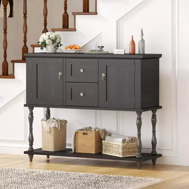 Table console avec 2 tiroirs et 2 portes, Table d'entrée de ferme en bois de 42 pouces avec étagère de rangement inférieure, Meuble TV de rangement antique