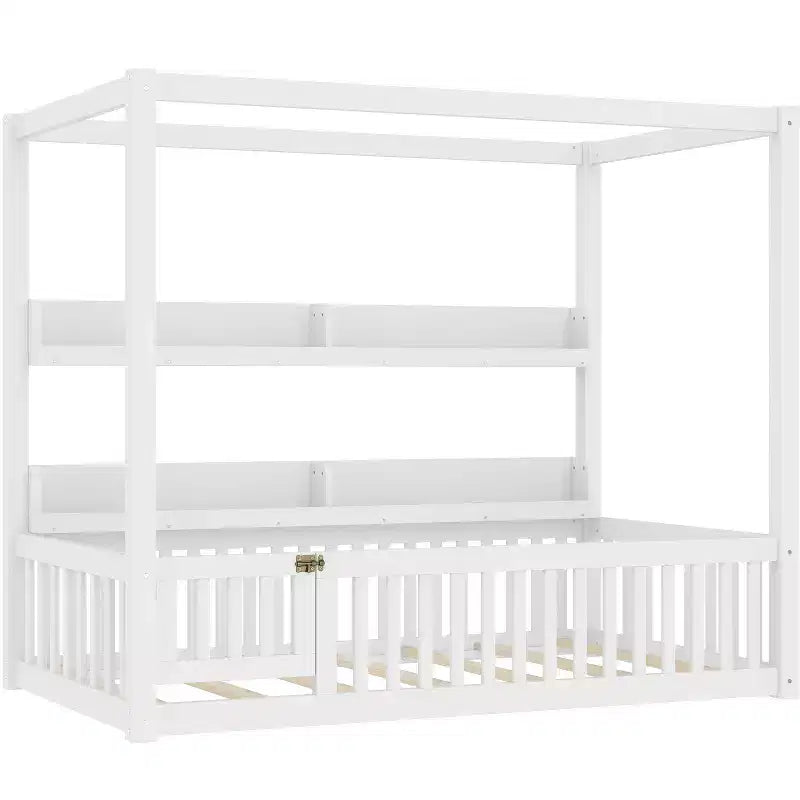 Lit à baldaquin double/grand format avec étagères et barrières de sécurité, lit au sol en bois avec porte pour enfants