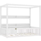 Lit à baldaquin double/grand format avec étagères et barrières de sécurité, lit au sol en bois avec porte pour enfants
