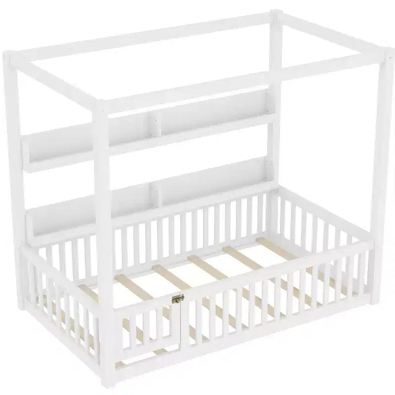 Lit à baldaquin double/grand format avec étagères et barrières de sécurité, lit au sol en bois avec porte pour enfants