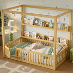 Lit à baldaquin double/grand format avec étagères et barrières de sécurité, lit au sol en bois avec porte pour enfants