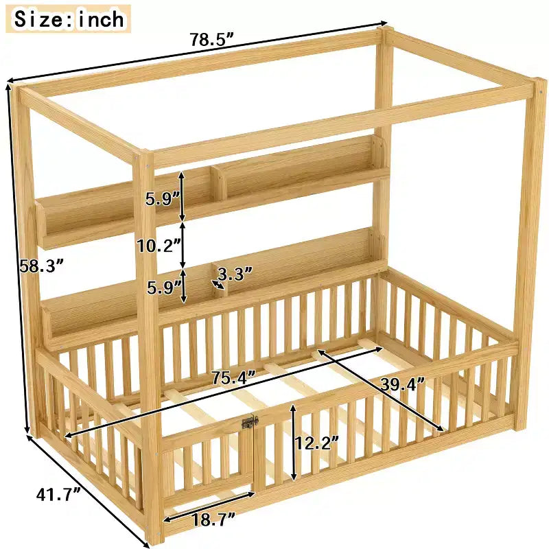 Lit à baldaquin double/grand format avec étagères et barrières de sécurité, lit au sol en bois avec porte pour enfants