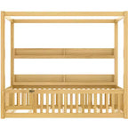 Lit à baldaquin double/grand format avec étagères et barrières de sécurité, lit au sol en bois avec porte pour enfants