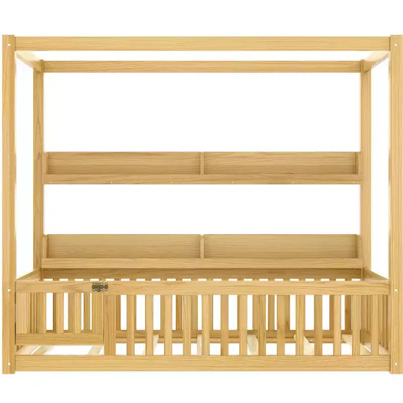 Lit à baldaquin double/grand format avec étagères et barrières de sécurité, lit au sol en bois avec porte pour enfants