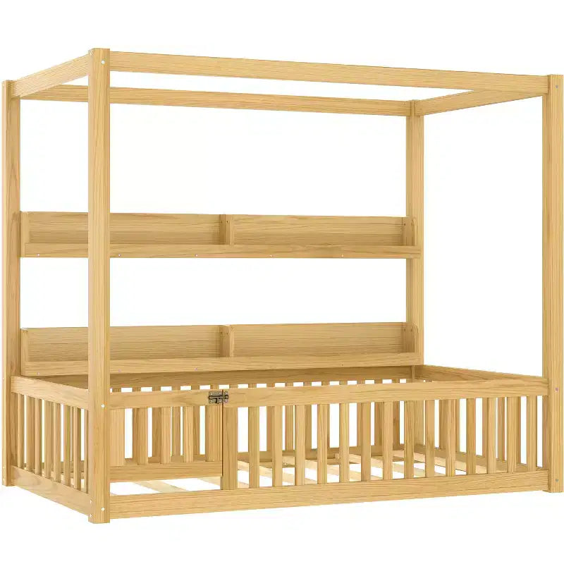 Lit à baldaquin double/grand format avec étagères et barrières de sécurité, lit au sol en bois avec porte pour enfants