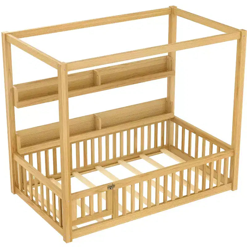 Lit à baldaquin double/grand format avec étagères et barrières de sécurité, lit au sol en bois avec porte pour enfants