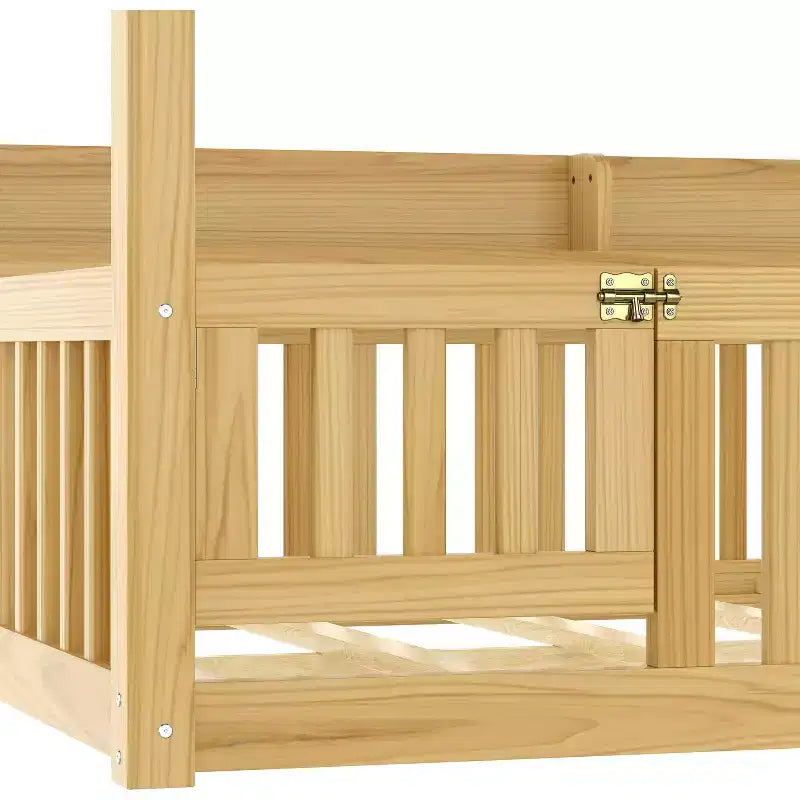 Lit à baldaquin double/grand format avec étagères et barrières de sécurité, lit au sol en bois avec porte pour enfants