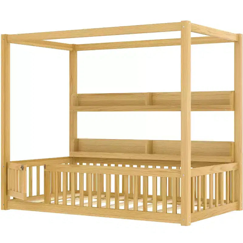 Lit à baldaquin double/grand format avec étagères et barrières de sécurité, lit au sol en bois avec porte pour enfants