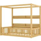 Lit à baldaquin double/grand format avec étagères et barrières de sécurité, lit au sol en bois avec porte pour enfants