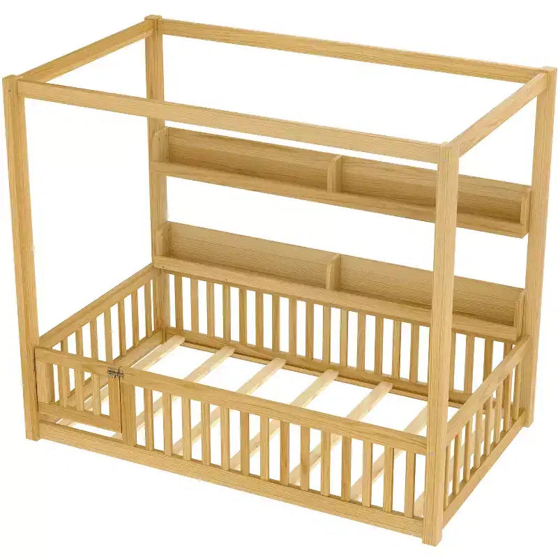 Lit à baldaquin double/grand format avec étagères et barrières de sécurité, lit au sol en bois avec porte pour enfants