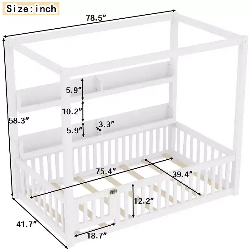 Lit à baldaquin double/grand format avec étagères et barrières de sécurité, lit au sol en bois avec porte pour enfants