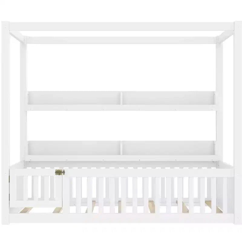 Lit à baldaquin double/grand format avec étagères et barrières de sécurité, lit au sol en bois avec porte pour enfants
