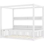 Lit à baldaquin double/grand format avec étagères et barrières de sécurité, lit au sol en bois avec porte pour enfants