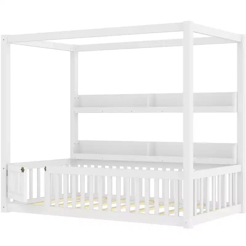 Lit à baldaquin double/grand format avec étagères et barrières de sécurité, lit au sol en bois avec porte pour enfants