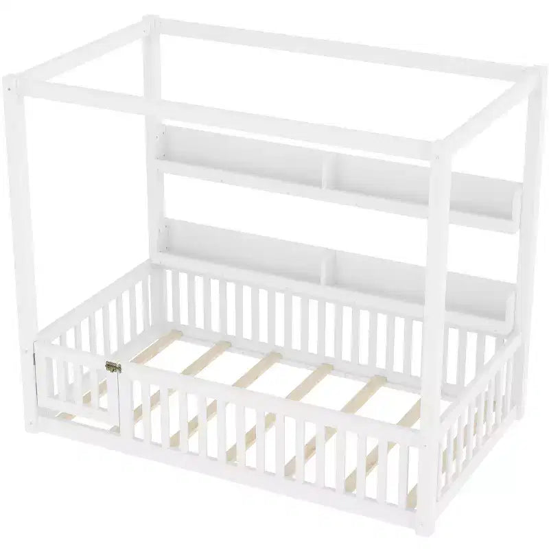 Lit à baldaquin double/grand format avec étagères et barrières de sécurité, lit au sol en bois avec porte pour enfants