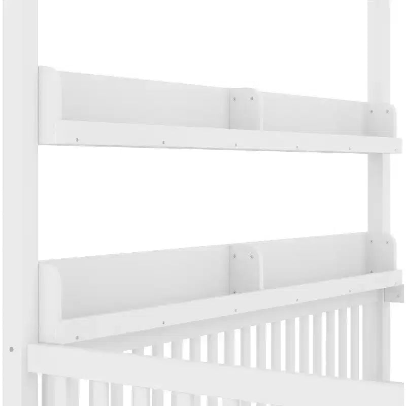 Lit à baldaquin double/grand format avec étagères et barrières de sécurité, lit au sol en bois avec porte pour enfants